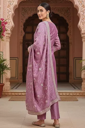 lavender color embroidered silk blend styles kurta trouser with dupatta