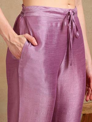 lavender color embroidered silk blend styles kurta trouser with dupatta 5