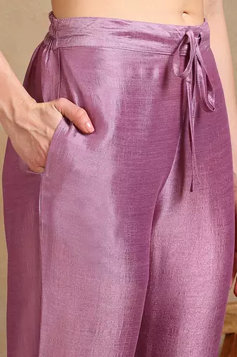 lavender color embroidered silk blend styles kurta trouser with dupatta