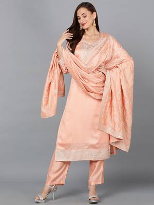 peach color embroidered silk blend styles kurta trouser with dupatta 1