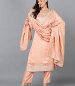 peach color embroidered silk blend styles kurta trouser with dupatta