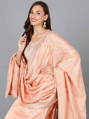 peach color embroidered silk blend styles kurta trouser with dupatta 2