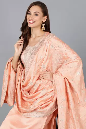 peach color embroidered silk blend styles kurta trouser with dupatta