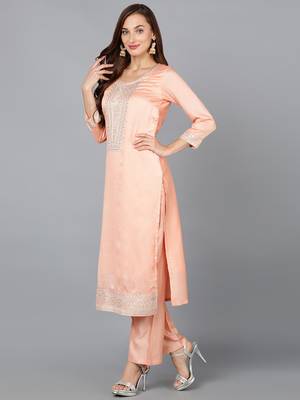 peach color embroidered silk blend styles kurta trouser with dupatta 3