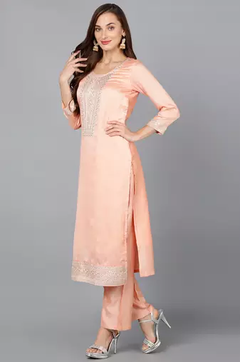 peach color embroidered silk blend styles kurta trouser with dupatta