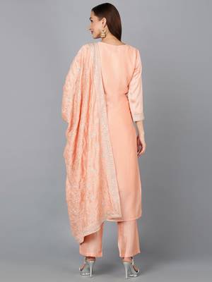 peach color embroidered silk blend styles kurta trouser with dupatta 4