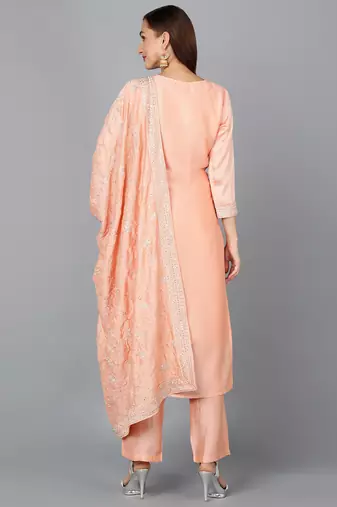 peach color embroidered silk blend styles kurta trouser with dupatta
