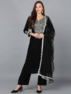 black color embroidered silk blend styles kurta trouser with dupatta 1