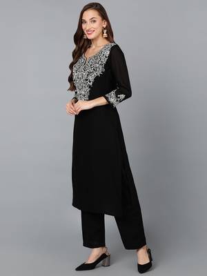 black color embroidered silk blend styles kurta trouser with dupatta 3