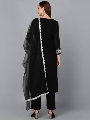 black color embroidered silk blend styles kurta trouser with dupatta 4