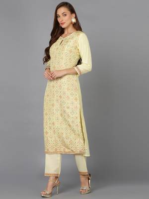 yellow color woven design silk blend styles kurta trouser with dupatta 1