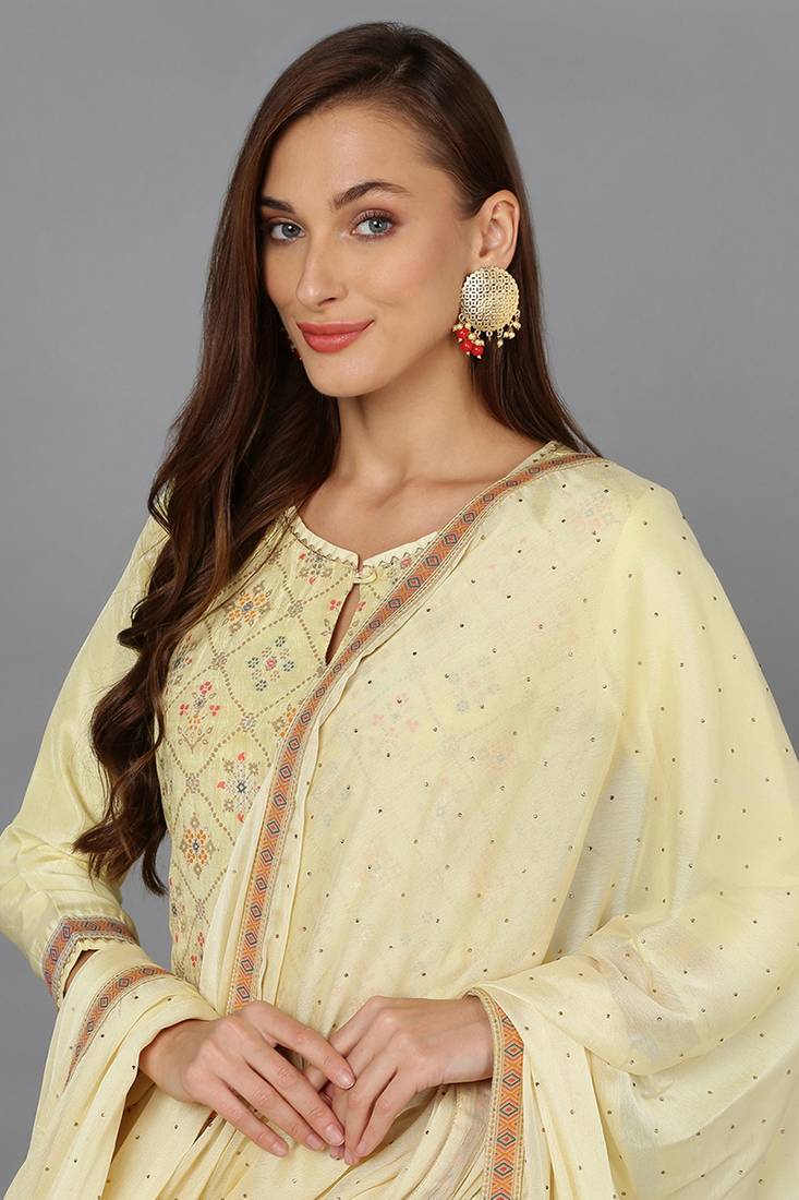 yellow color woven design silk blend styles kurta trouser with dupatta