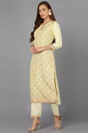 yellow color woven design silk blend styles kurta trouser with dupatta