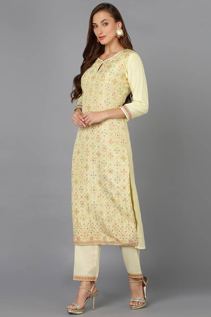yellow color woven design silk blend styles kurta trouser with dupatta