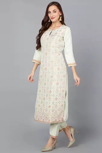green color woven design silk blend styles kurta trouser with dupatta