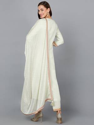 green color woven design silk blend styles kurta trouser with dupatta 4