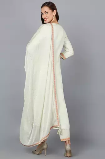 green color woven design silk blend styles kurta trouser with dupatta