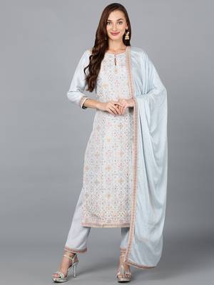 blue color woven design silk blend styles kurta trouser with dupatta 1