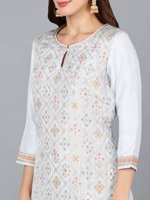 blue color woven design silk blend styles kurta trouser with dupatta 2