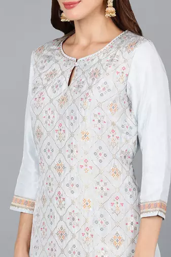 blue color woven design silk blend styles kurta trouser with dupatta