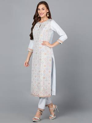 blue color woven design silk blend styles kurta trouser with dupatta 3