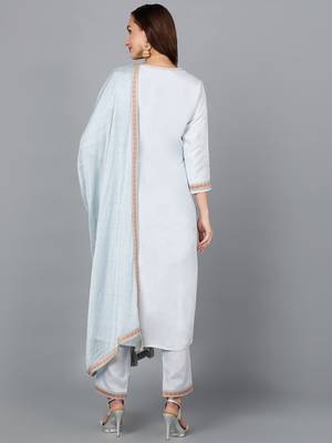 blue color woven design silk blend styles kurta trouser with dupatta 4