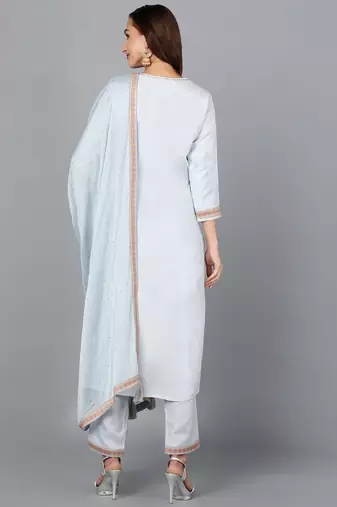 blue color woven design silk blend styles kurta trouser with dupatta