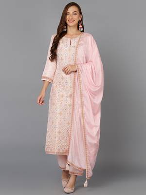 pink color woven design silk blend styles kurta trouser with dupatta 1