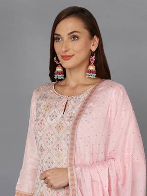 pink color woven design silk blend styles kurta trouser with dupatta 2