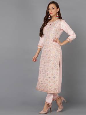 pink color woven design silk blend styles kurta trouser with dupatta 3