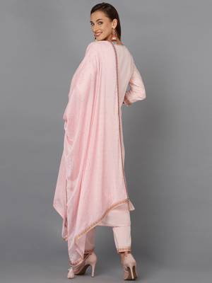pink color woven design silk blend styles kurta trouser with dupatta 4