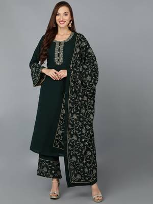 green color embroidered poly georgette styles kurta palazzo with dupatta 1