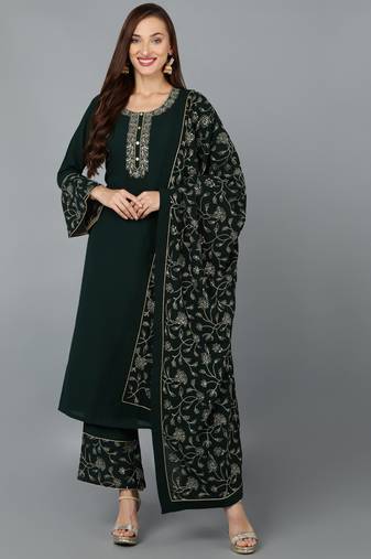 green color embroidered poly georgette styles kurta palazzo with dupatta