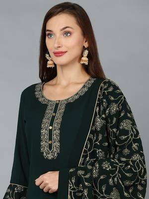 green color embroidered poly georgette styles kurta palazzo with dupatta 2