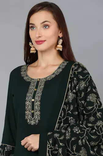 green color embroidered poly georgette styles kurta palazzo with dupatta