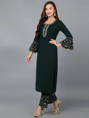 green color embroidered poly georgette styles kurta palazzo with dupatta 3