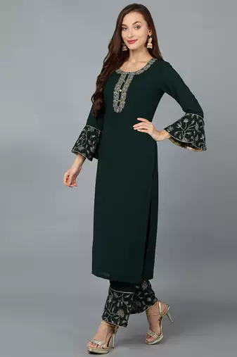 green color embroidered poly georgette styles kurta palazzo with dupatta