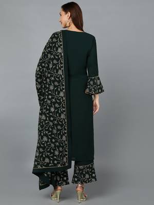 green color embroidered poly georgette styles kurta palazzo with dupatta 4