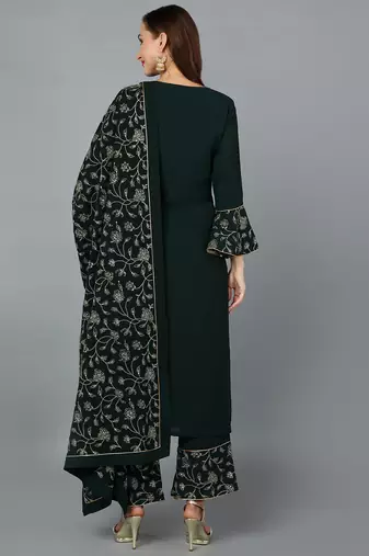 green color embroidered poly georgette styles kurta palazzo with dupatta