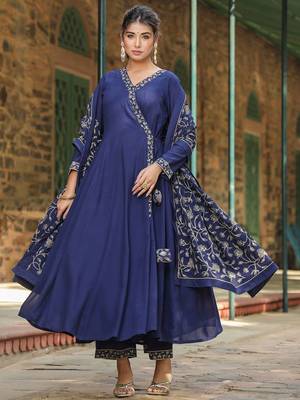 navy blue color embroidered poly georgette styles kurta palazzo with dupatta 1