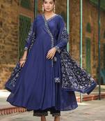 navy blue color embroidered poly georgette styles kurta palazzo with dupatta