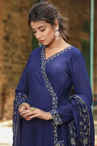 navy blue color embroidered poly georgette styles kurta palazzo with dupatta