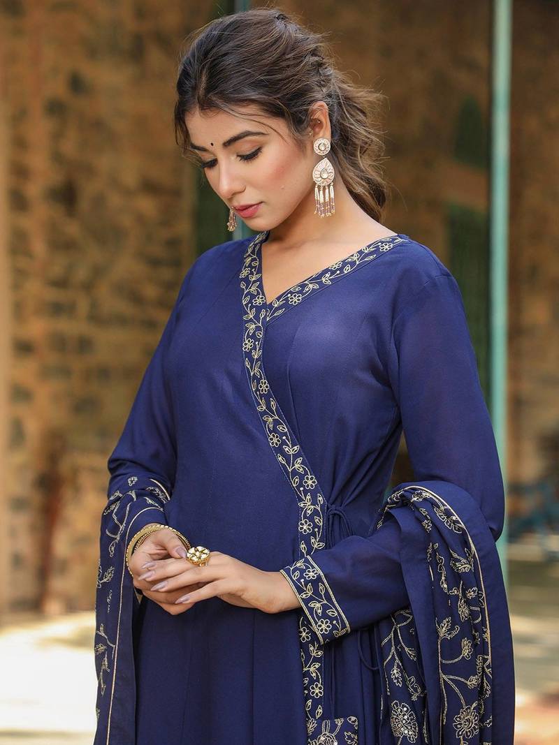 navy blue color embroidered poly georgette styles kurta palazzo with dupatta