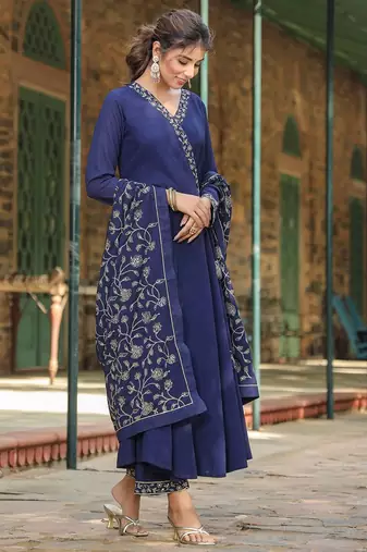 navy blue color embroidered poly georgette styles kurta palazzo with dupatta
