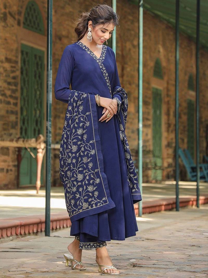 navy blue color embroidered poly georgette styles kurta palazzo with dupatta
