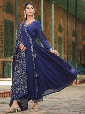 navy blue color embroidered poly georgette styles kurta palazzo with dupatta 4
