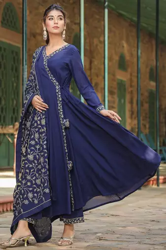 navy blue color embroidered poly georgette styles kurta palazzo with dupatta