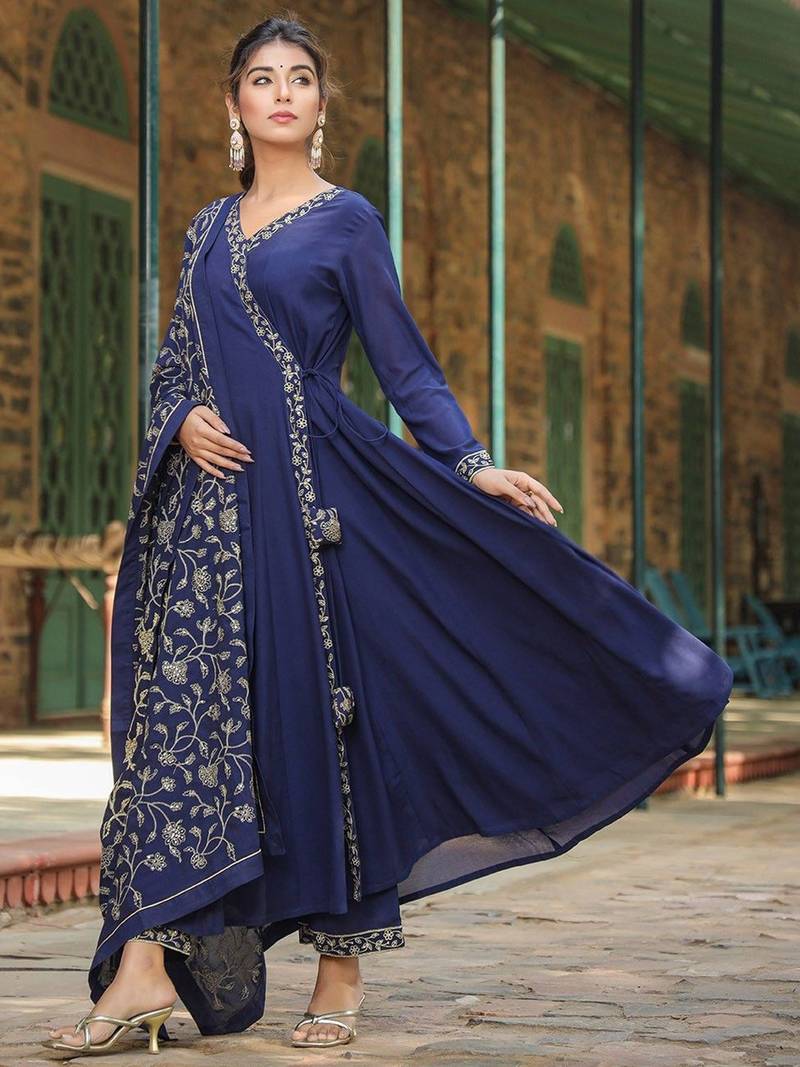 navy blue color embroidered poly georgette styles kurta palazzo with dupatta