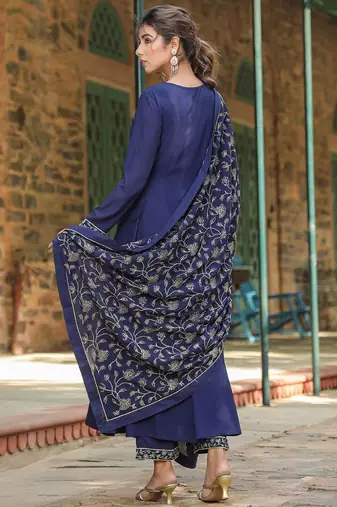 navy blue color embroidered poly georgette styles kurta palazzo with dupatta