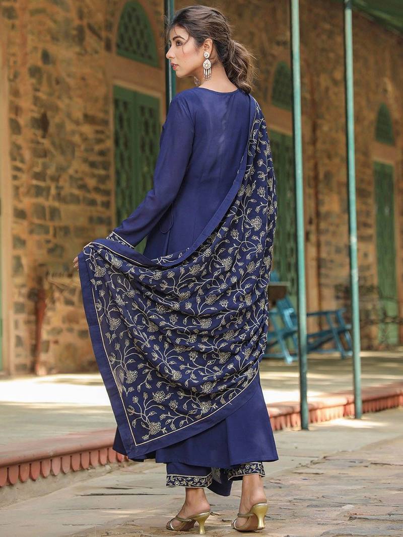 navy blue color embroidered poly georgette styles kurta palazzo with dupatta